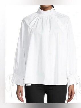 Harshman Bianca White Cotton Blouse High Neck Tie Sleeve XS NWT